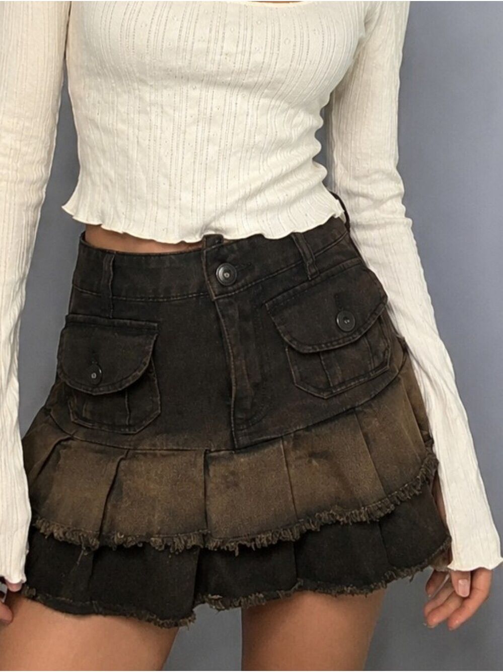 Cosmic Aura Hot Topic Brown Sand Wash Tiered Pleated Denim Y2K Mini Skirt XS
